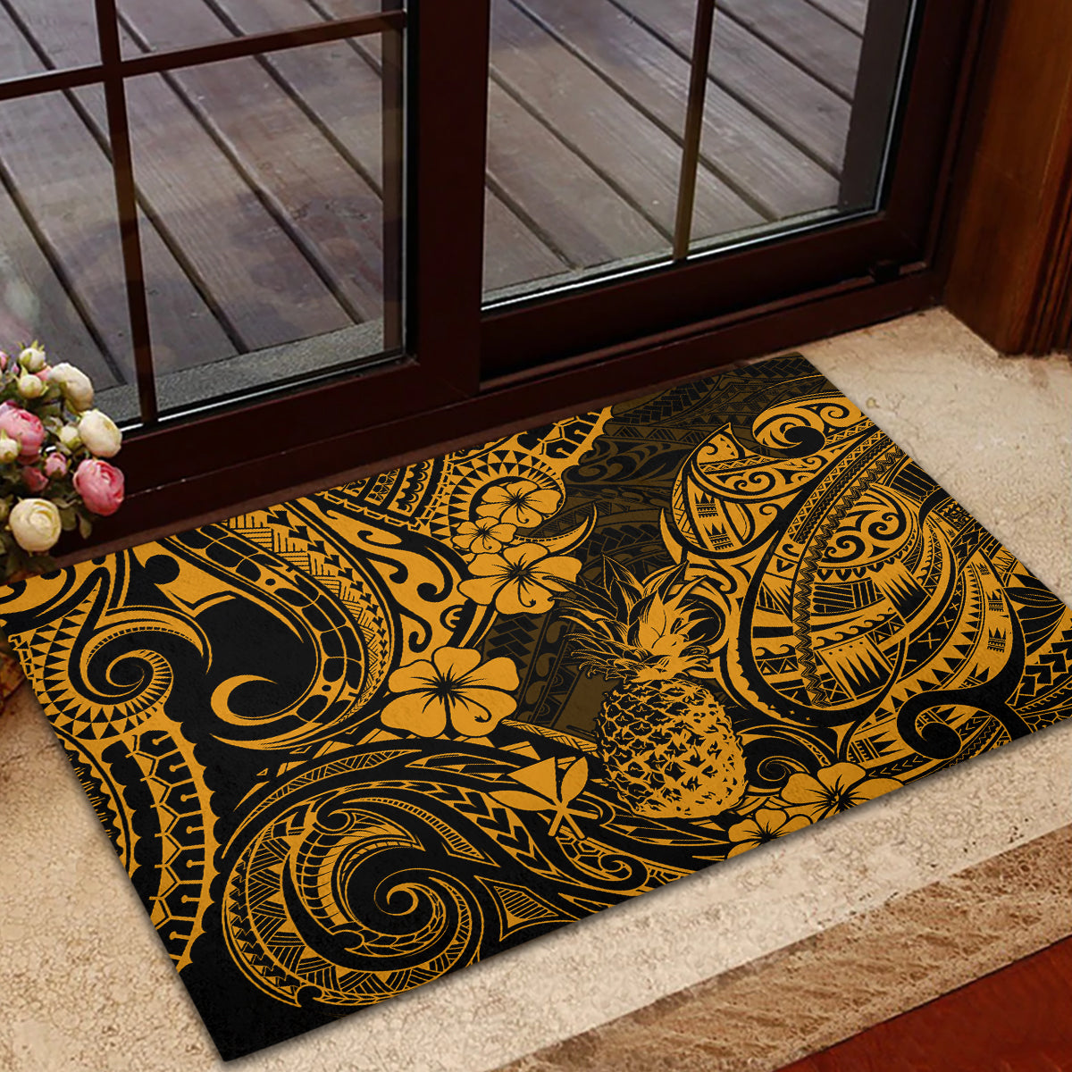 Hawaii Pineapple Rubber Doormat Paradise Flowers Pacific With Gold Polynesian Tribal - Wonder Print Shop