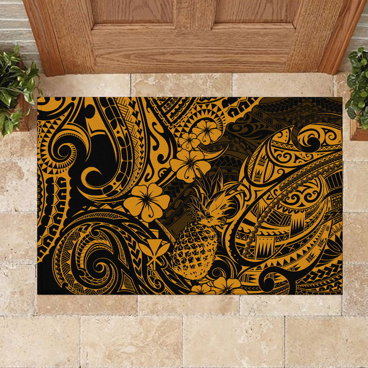 Hawaii Pineapple Rubber Doormat Paradise Flowers Pacific With Gold Polynesian Tribal - Wonder Print Shop