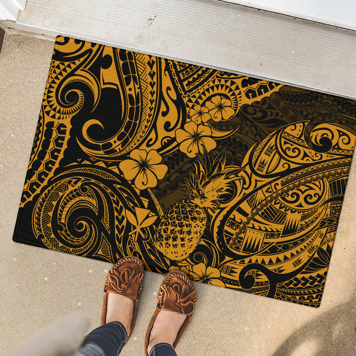 Hawaii Pineapple Rubber Doormat Paradise Flowers Pacific With Gold Polynesian Tribal - Wonder Print Shop
