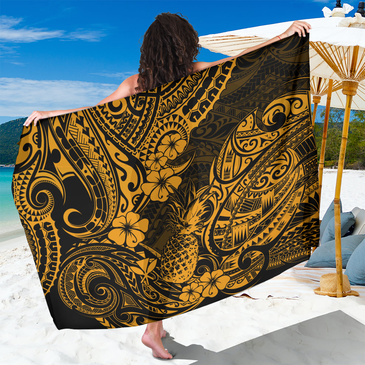 Hawaii Pineapple Sarong Paradise Flowers Pacific With Gold Polynesian Tribal - Wonder Print Shop