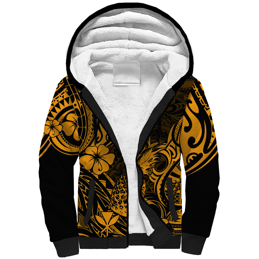 Hawaii Pineapple Sherpa Hoodie Paradise Flowers Pacific With Gold Polynesian Tribal - Wonder Print Shop