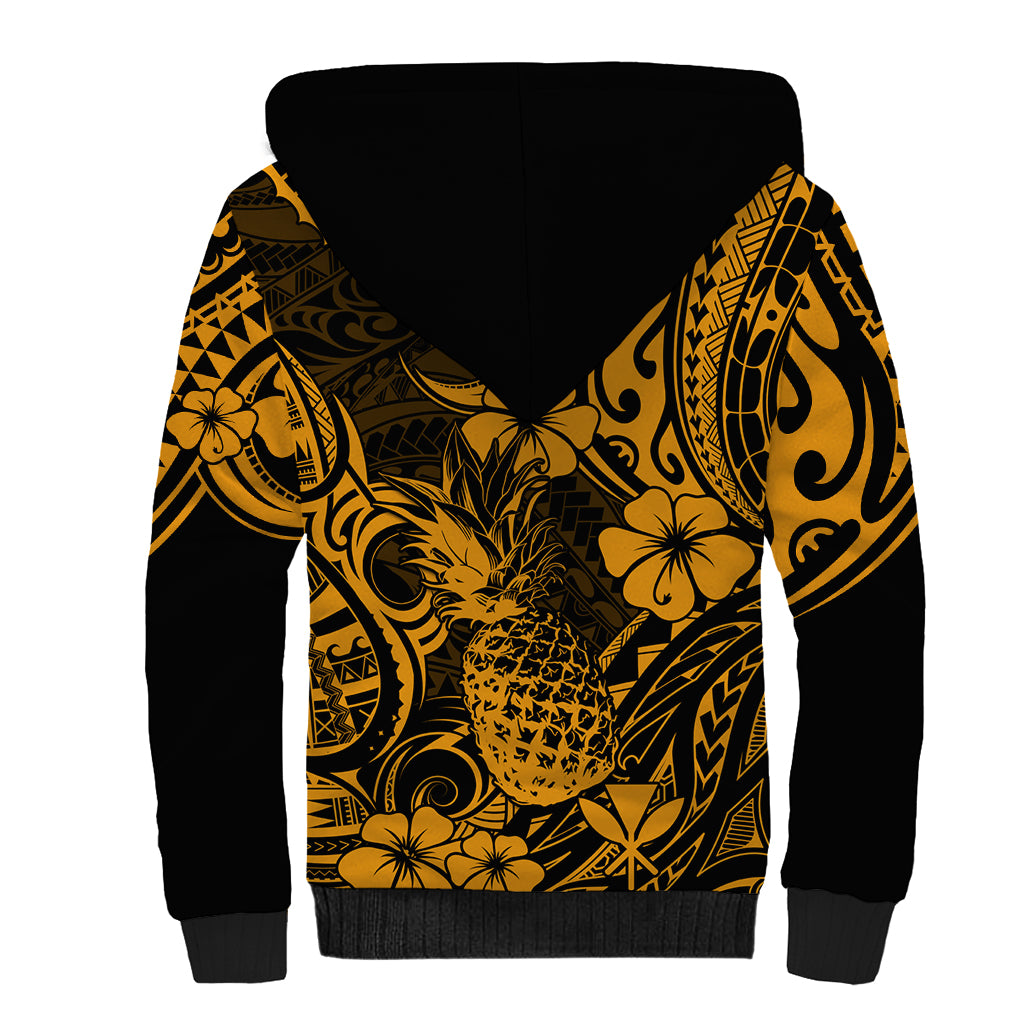 Hawaii Pineapple Sherpa Hoodie Paradise Flowers Pacific With Gold Polynesian Tribal - Wonder Print Shop