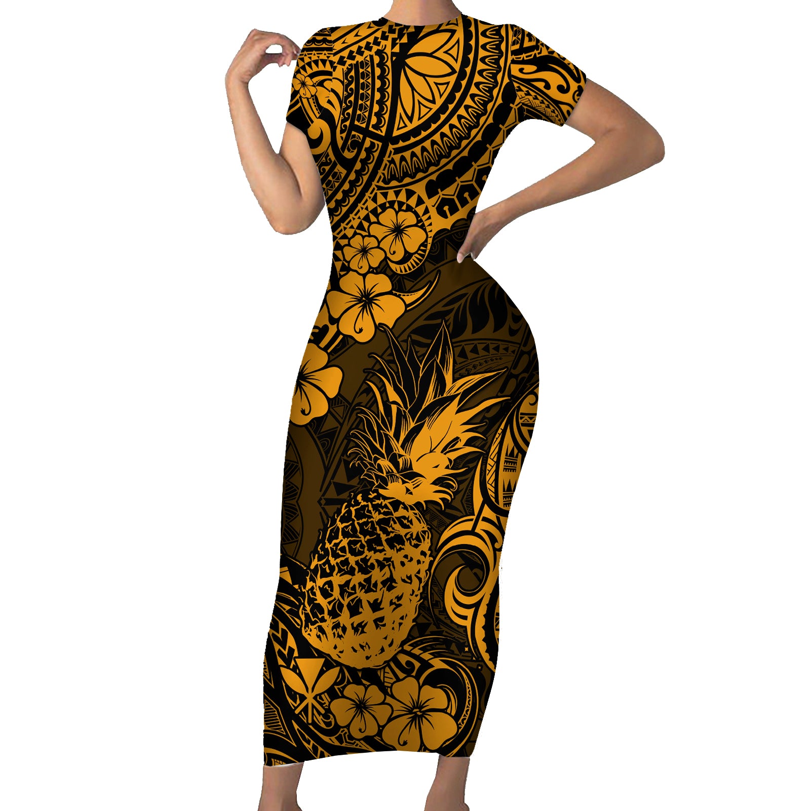 Hawaii Pineapple Short Sleeve Bodycon Dress Paradise Flowers Pacific With Gold Polynesian Tribal - Wonder Print Shop