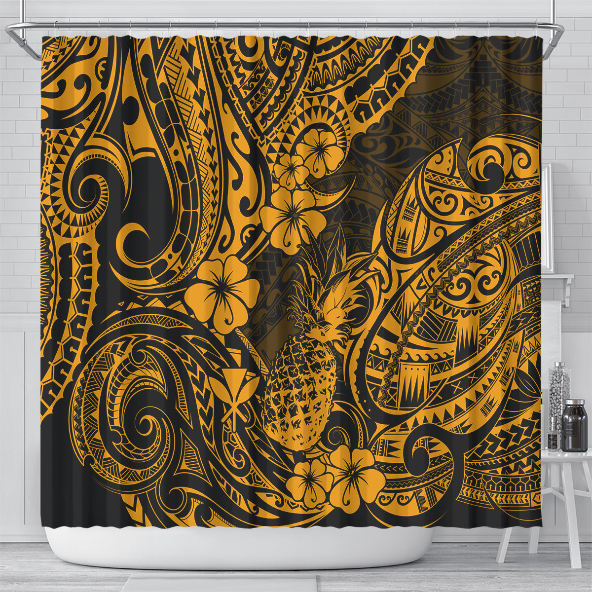 hawaii-pineapple-shower-curtain-paradise-flowers-pacific-with-gold-polynesian-tribal