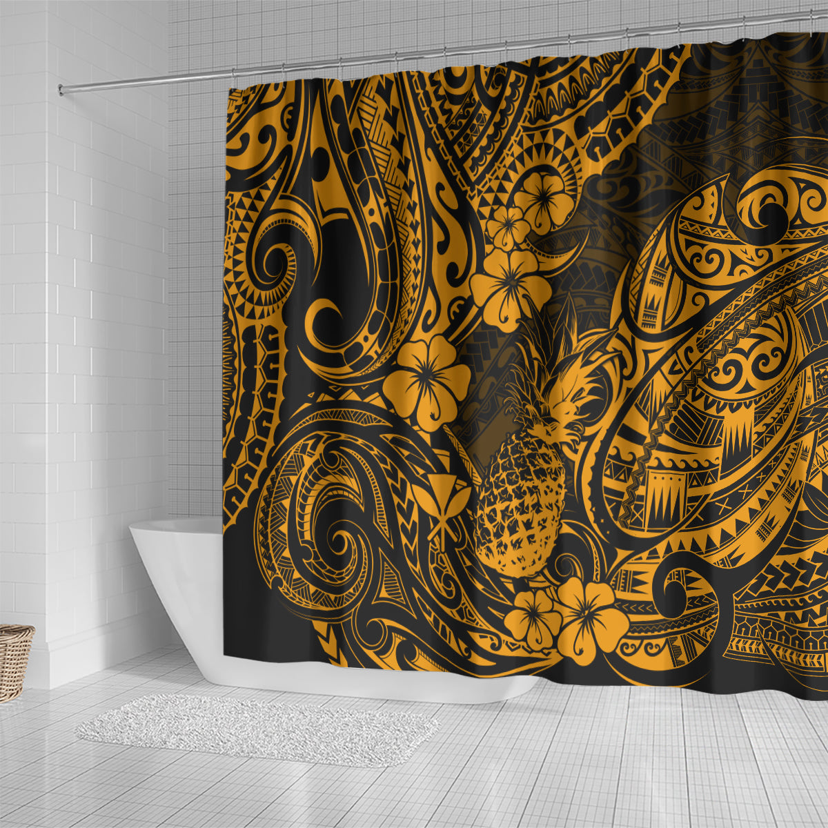 hawaii-pineapple-shower-curtain-paradise-flowers-pacific-with-gold-polynesian-tribal