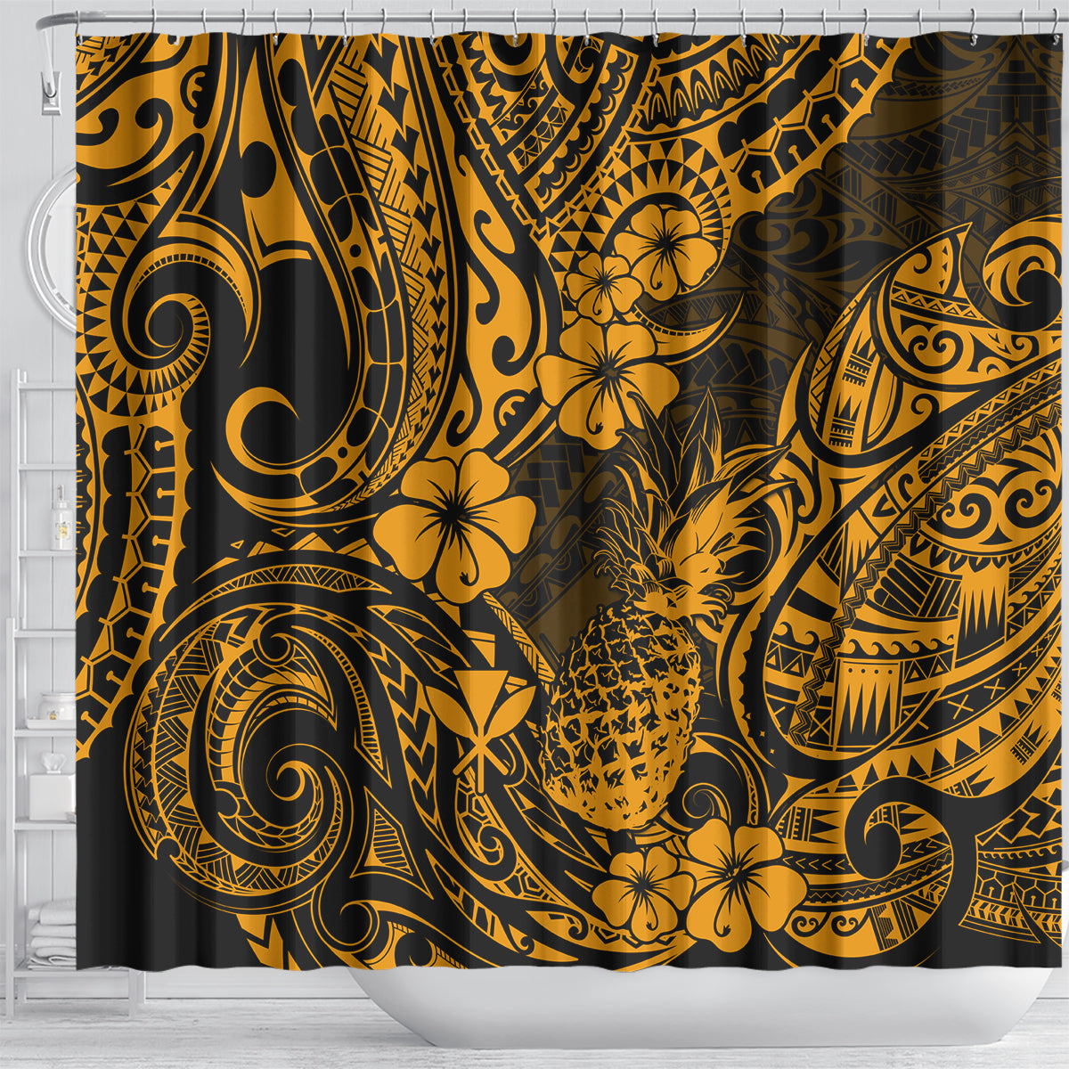 hawaii-pineapple-shower-curtain-paradise-flowers-pacific-with-gold-polynesian-tribal