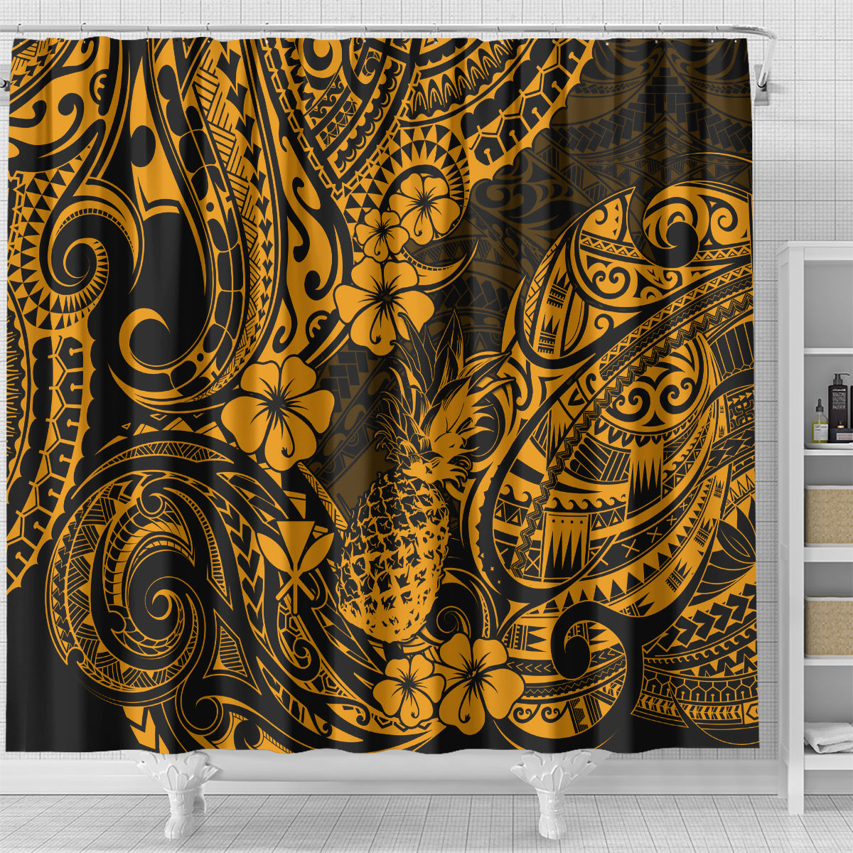 hawaii-pineapple-shower-curtain-paradise-flowers-pacific-with-gold-polynesian-tribal