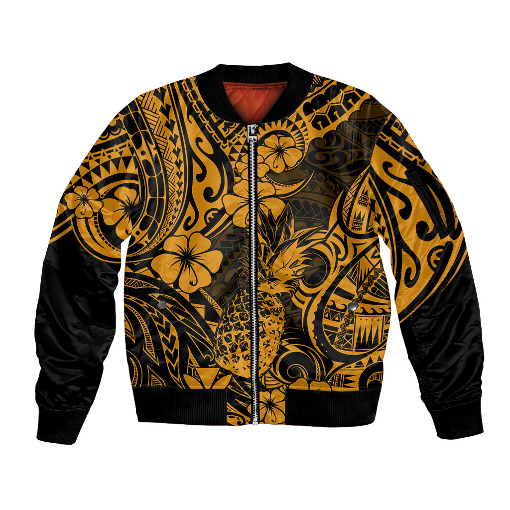 Hawaii Pineapple Sleeve Zip Bomber Jacket Paradise Flowers Pacific With Gold Polynesian Tribal - Wonder Print Shop