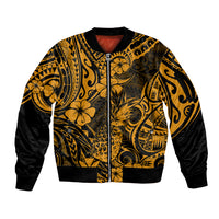 Hawaii Pineapple Sleeve Zip Bomber Jacket Paradise Flowers Pacific With Gold Polynesian Tribal - Wonder Print Shop