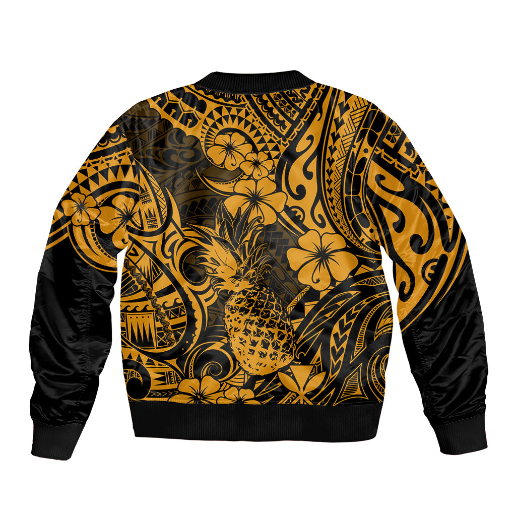 Hawaii Pineapple Sleeve Zip Bomber Jacket Paradise Flowers Pacific With Gold Polynesian Tribal - Wonder Print Shop