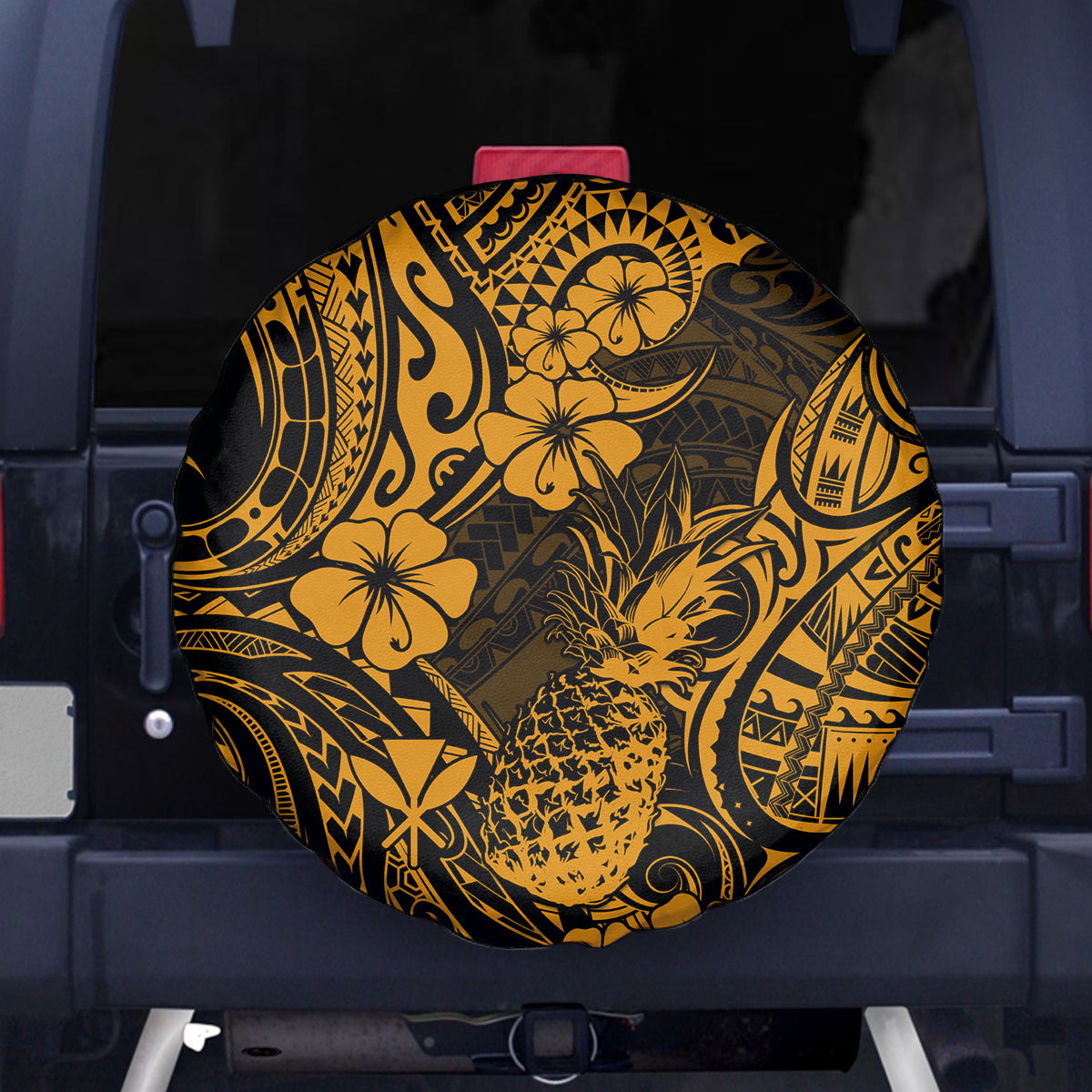 Hawaii Pineapple Spare Tire Cover Paradise Flowers Pacific With Gold Polynesian Tribal - Wonder Print Shop