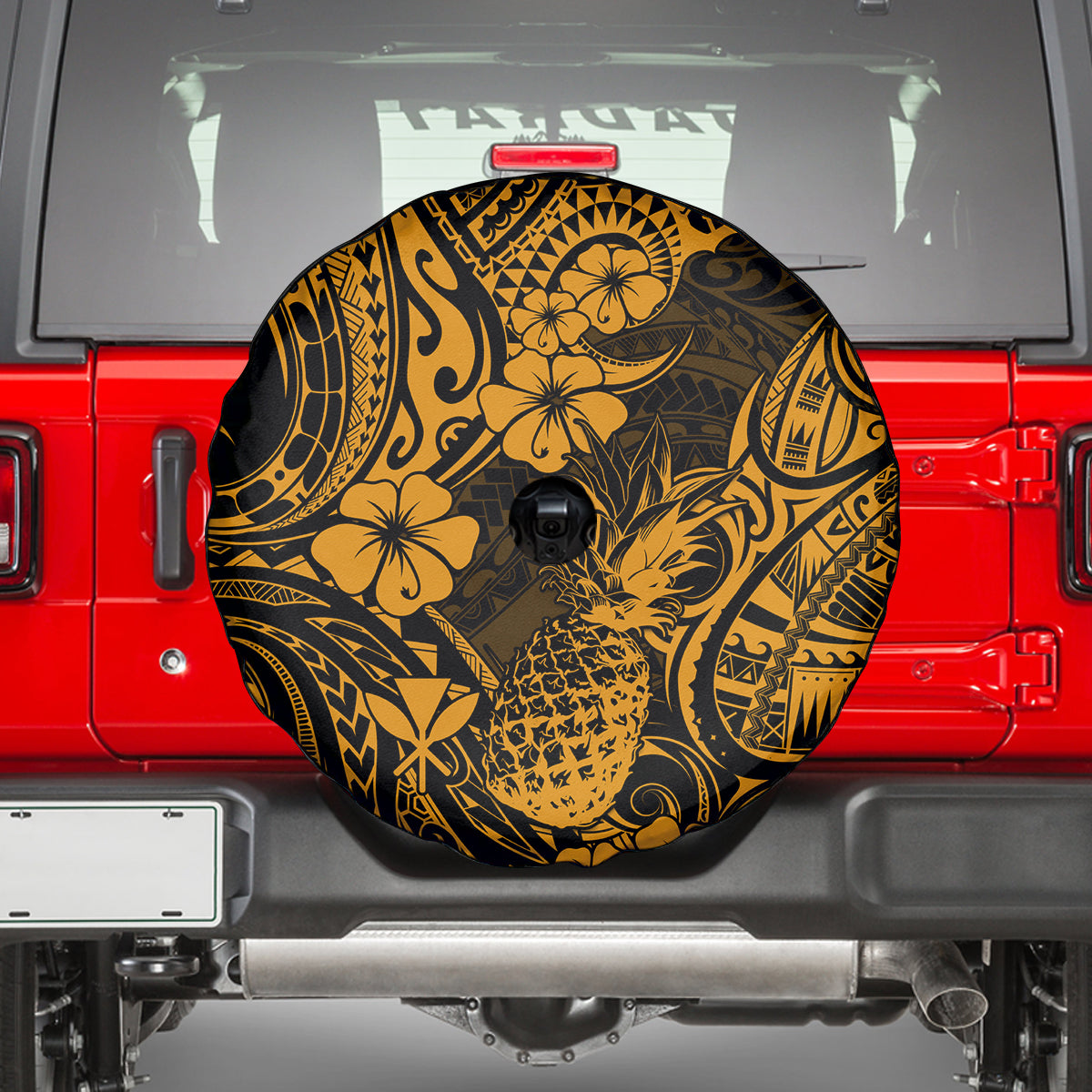 Hawaii Pineapple Spare Tire Cover Paradise Flowers Pacific With Gold Polynesian Tribal - Wonder Print Shop