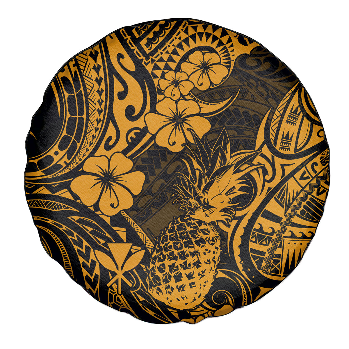 Hawaii Pineapple Spare Tire Cover Paradise Flowers Pacific With Gold Polynesian Tribal - Wonder Print Shop