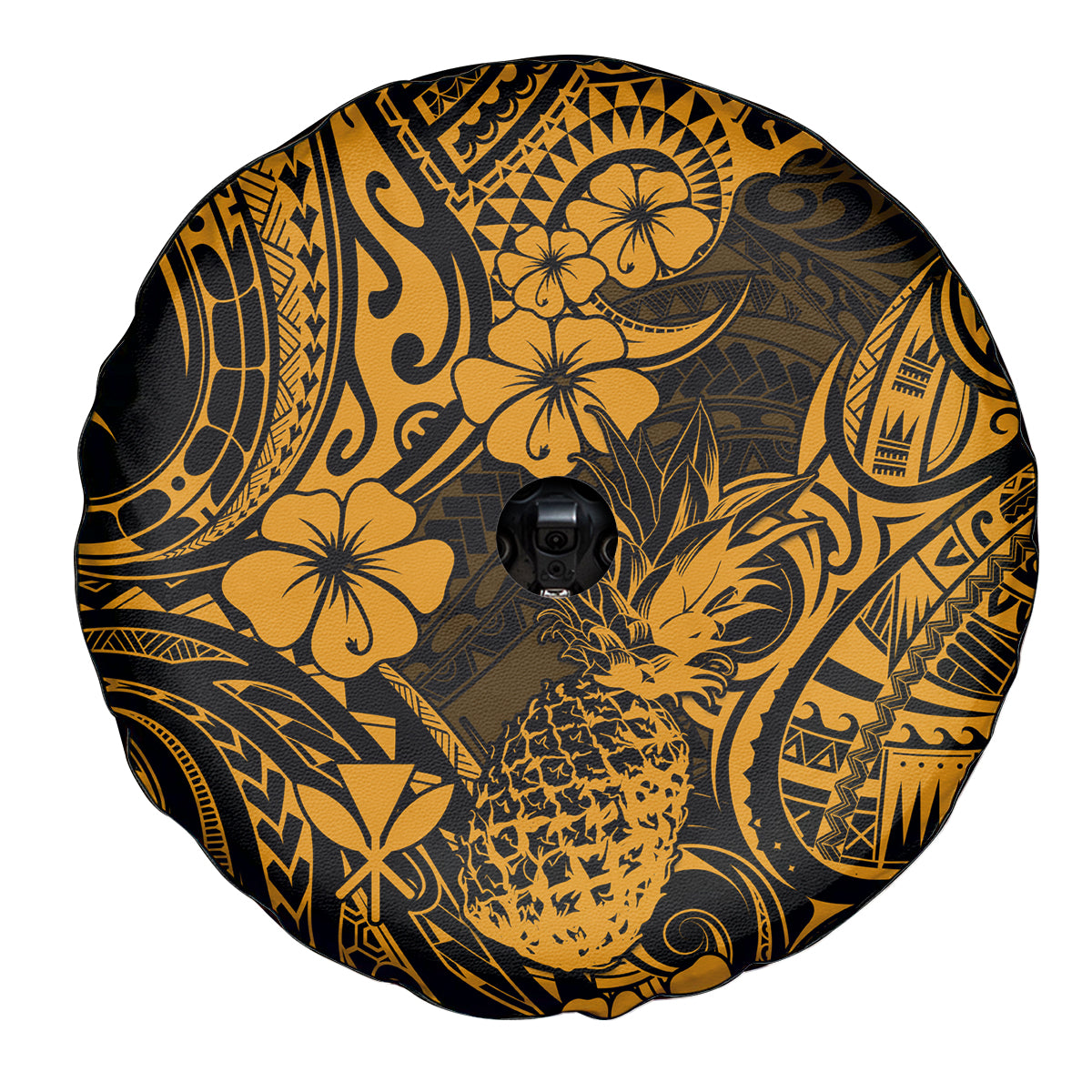 Hawaii Pineapple Spare Tire Cover Paradise Flowers Pacific With Gold Polynesian Tribal - Wonder Print Shop