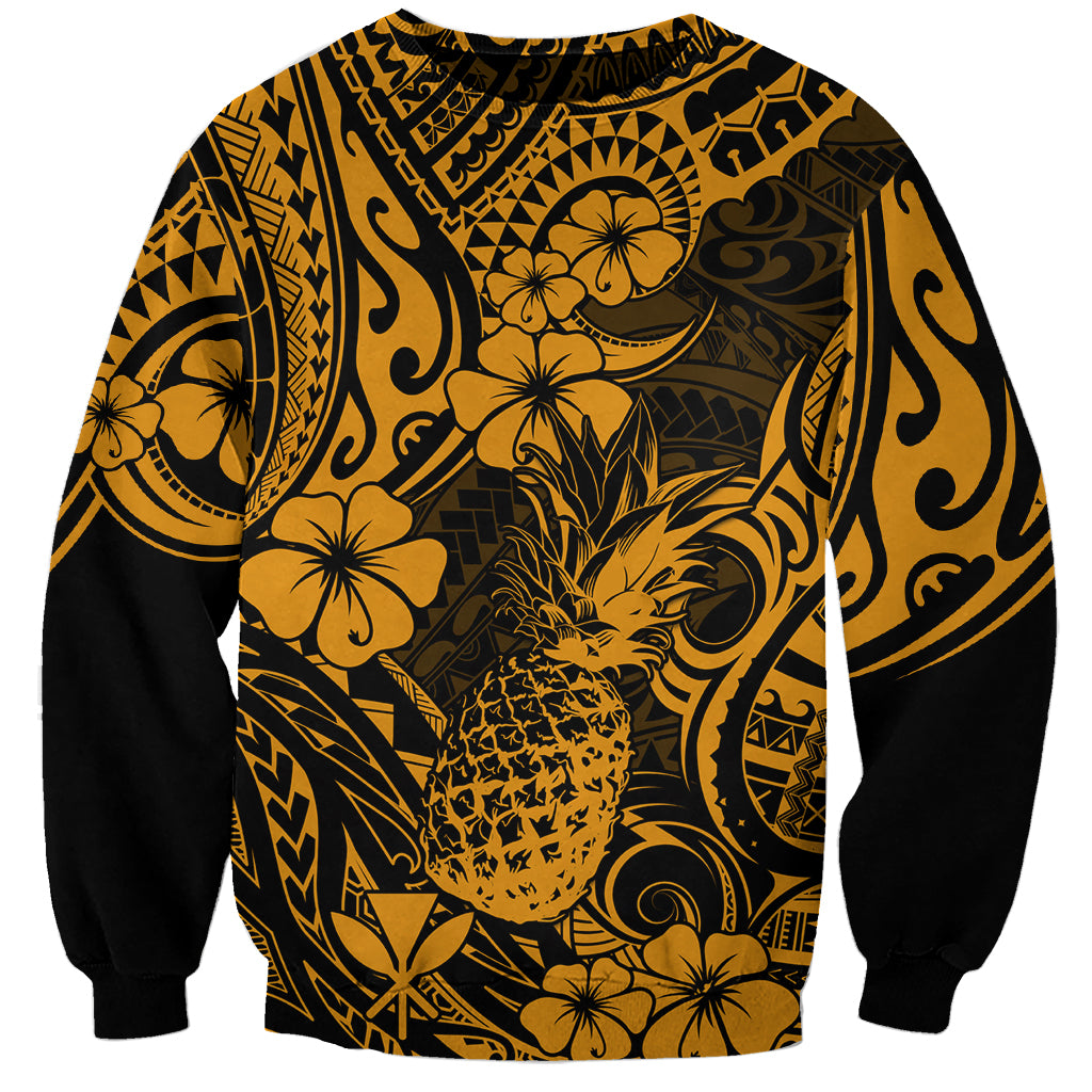 Hawaii Pineapple Sweatshirt Paradise Flowers Pacific With Gold Polynesian Tribal - Wonder Print Shop