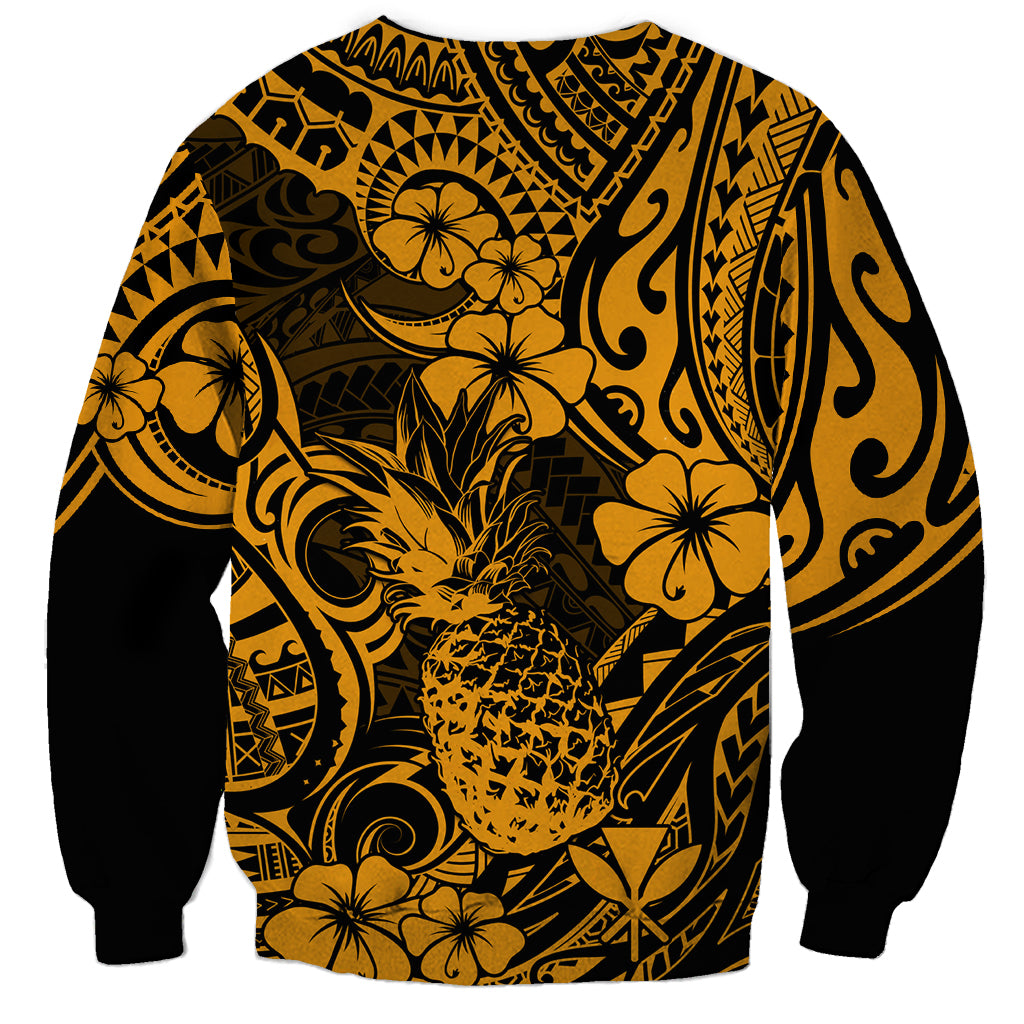 Hawaii Pineapple Sweatshirt Paradise Flowers Pacific With Gold Polynesian Tribal - Wonder Print Shop