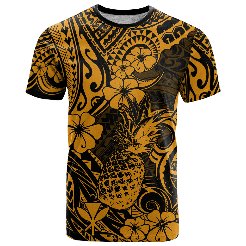 Hawaii Pineapple T Shirt Paradise Flowers Pacific With Gold Polynesian Tribal - Wonder Print Shop