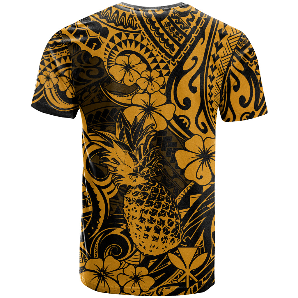 Hawaii Pineapple T Shirt Paradise Flowers Pacific With Gold Polynesian Tribal - Wonder Print Shop