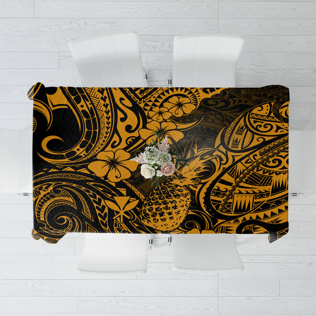 Hawaii Pineapple Tablecloth Paradise Flowers Pacific With Gold Polynesian Tribal - Wonder Print Shop