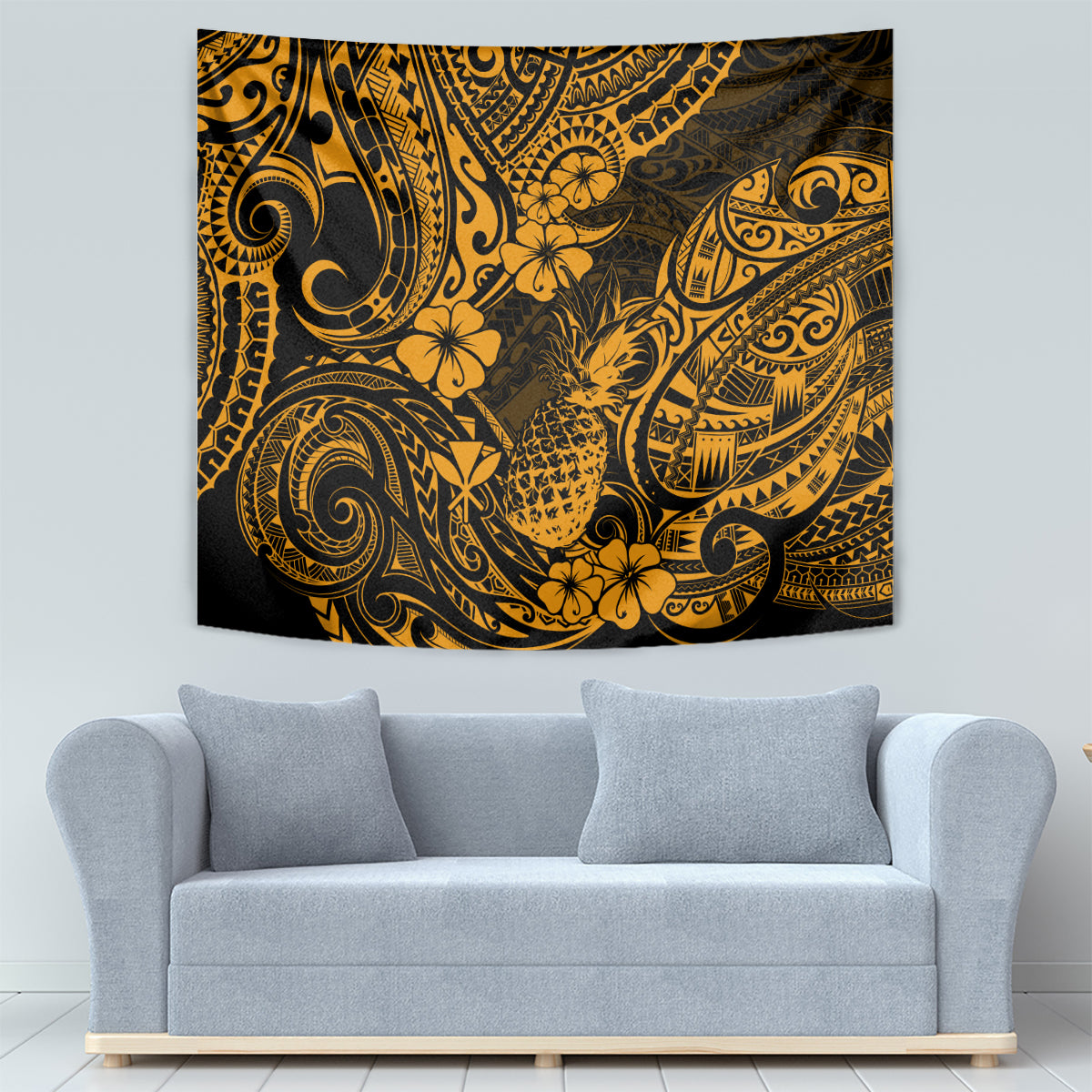 Hawaii Pineapple Tapestry Paradise Flowers Pacific With Gold Polynesian Tribal - Wonder Print Shop