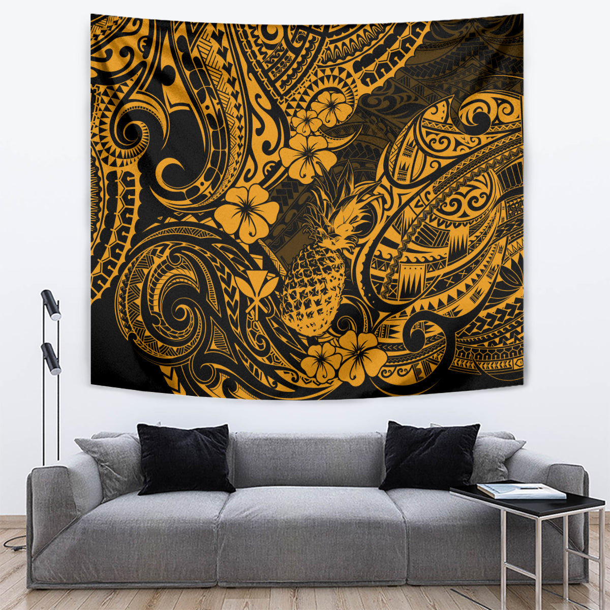 Hawaii Pineapple Tapestry Paradise Flowers Pacific With Gold Polynesian Tribal - Wonder Print Shop