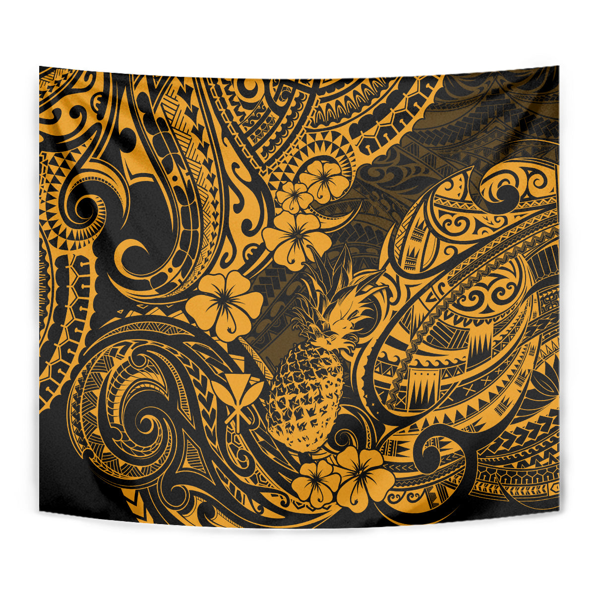Hawaii Pineapple Tapestry Paradise Flowers Pacific With Gold Polynesian Tribal - Wonder Print Shop