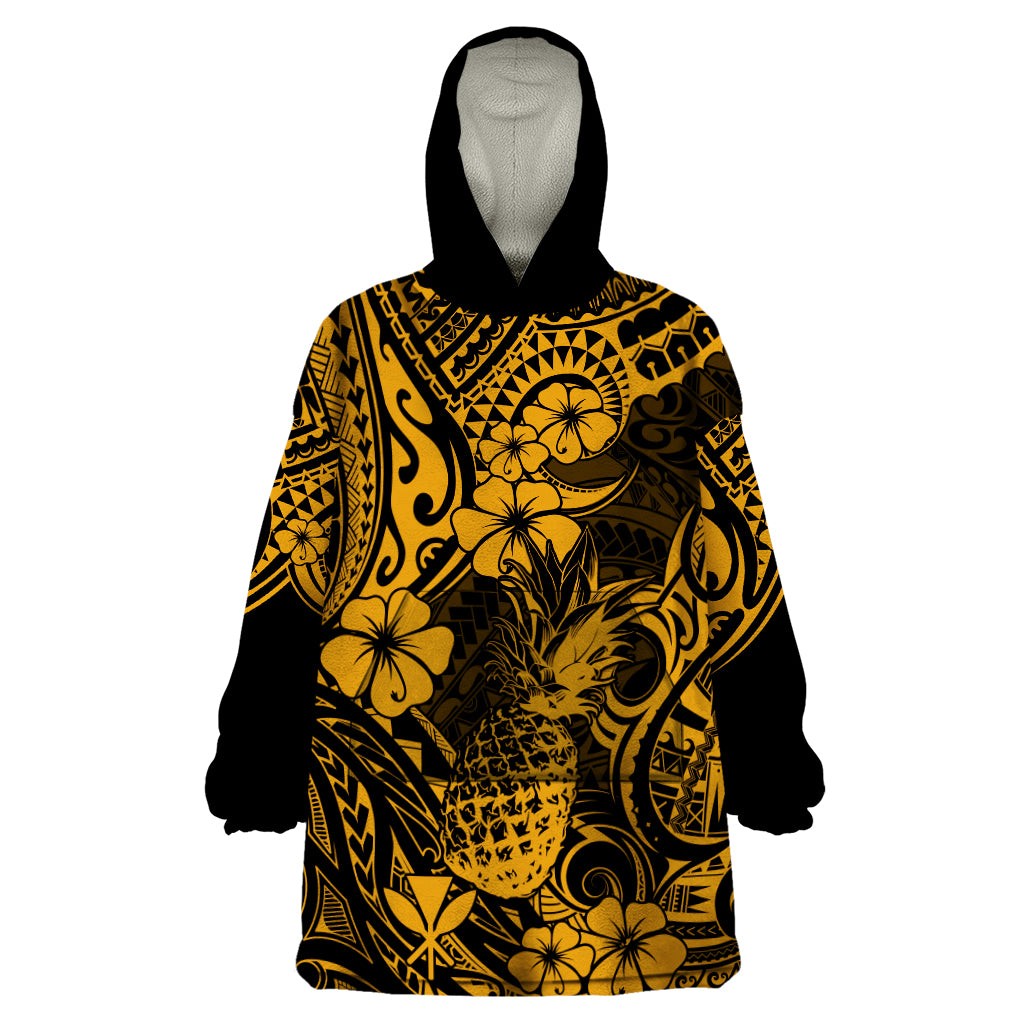 Hawaii Pineapple Wearable Blanket Hoodie Paradise Flowers Pacific With Gold Polynesian Tribal - Wonder Print Shop