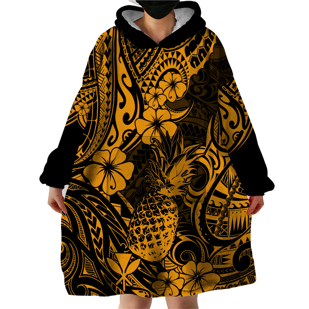 Hawaii Pineapple Wearable Blanket Hoodie Paradise Flowers Pacific With Gold Polynesian Tribal - Wonder Print Shop