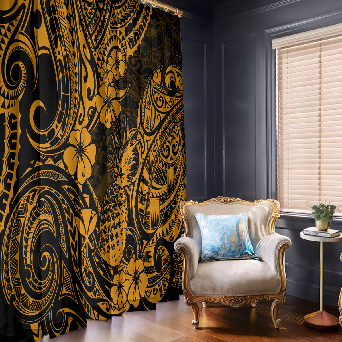 Hawaii Pineapple Window Curtain Paradise Flowers Pacific With Gold Polynesian Tribal - Wonder Print Shop