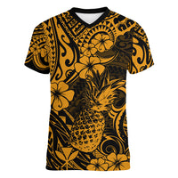 Hawaii Pineapple Women V Neck T Shirt Paradise Flowers Pacific With Gold Polynesian Tribal - Wonder Print Shop