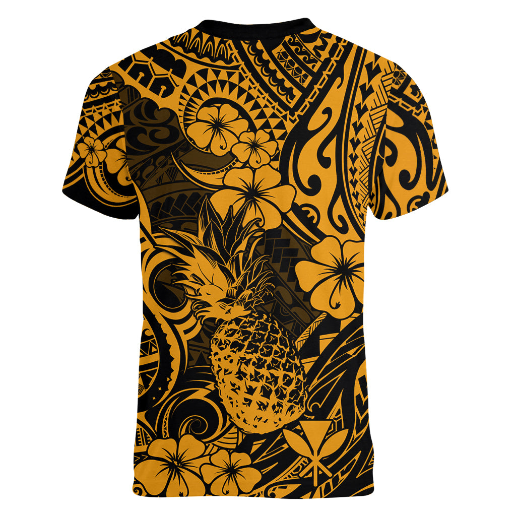 Hawaii Pineapple Women V Neck T Shirt Paradise Flowers Pacific With Gold Polynesian Tribal - Wonder Print Shop