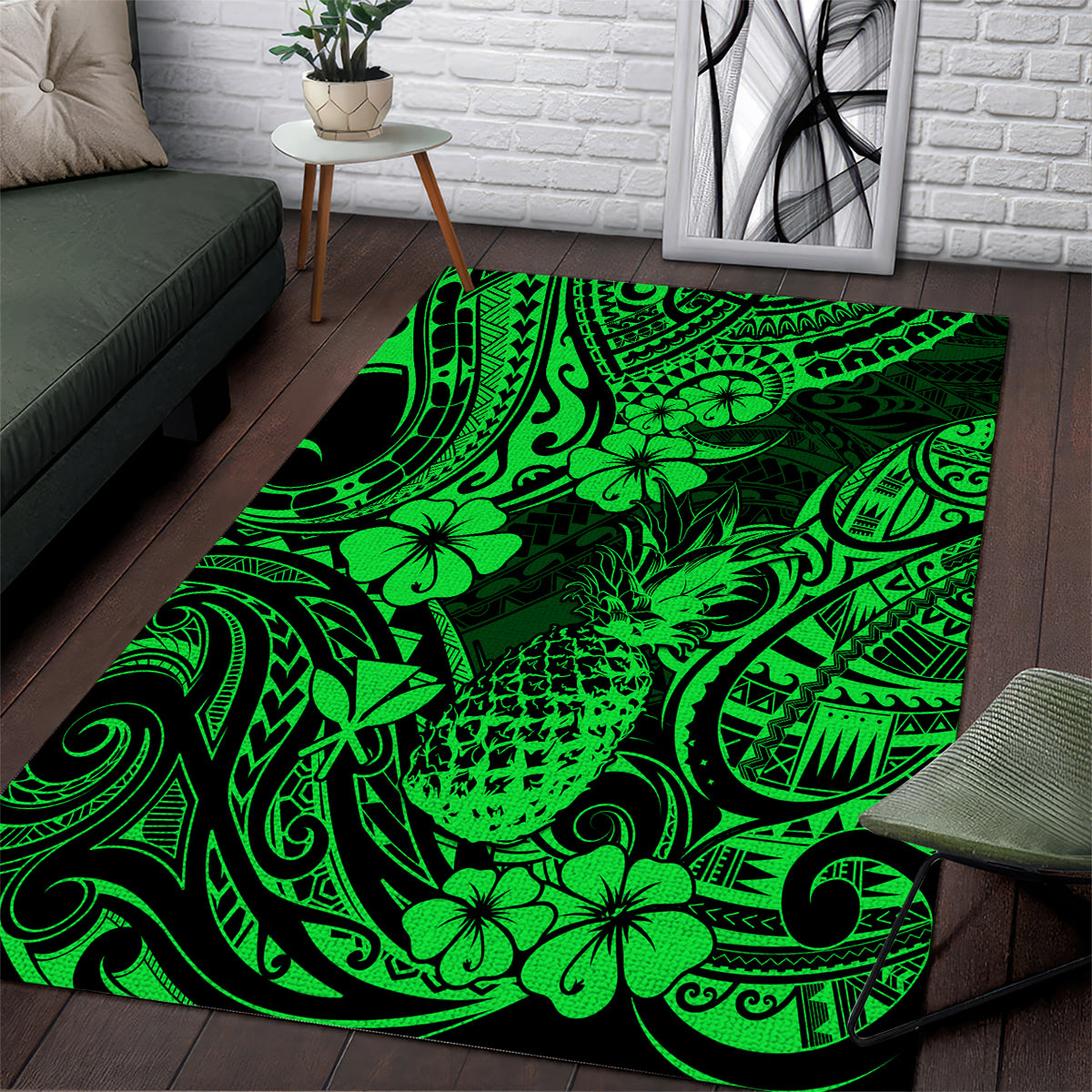 Hawaii Pineapple Area Rug Paradise Flowers Pacific With Green Polynesian Tribal - Wonder Print Shop