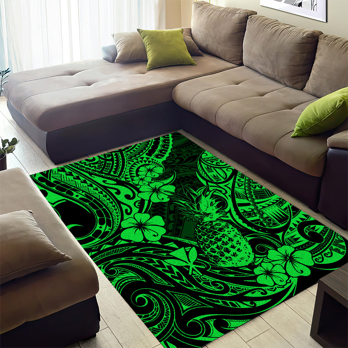 Hawaii Pineapple Area Rug Paradise Flowers Pacific With Green Polynesian Tribal - Wonder Print Shop