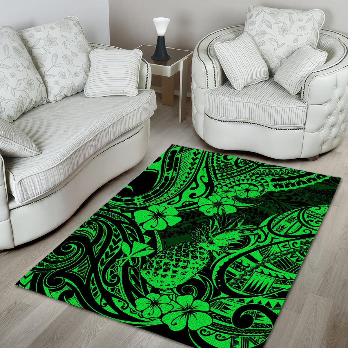 Hawaii Pineapple Area Rug Paradise Flowers Pacific With Green Polynesian Tribal - Wonder Print Shop