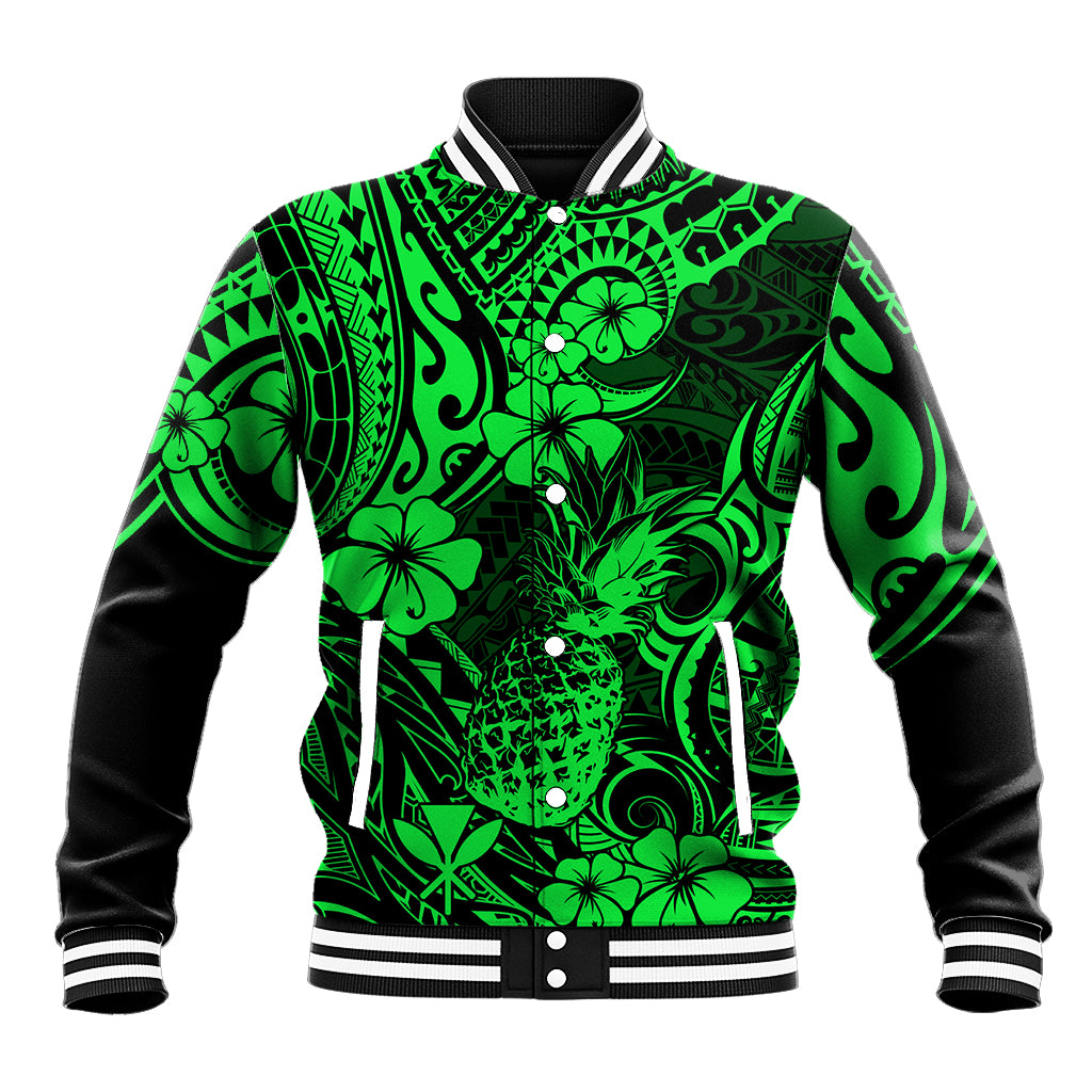 Hawaii Pineapple Baseball Jacket Paradise Flowers Pacific With Green Polynesian Tribal - Wonder Print Shop