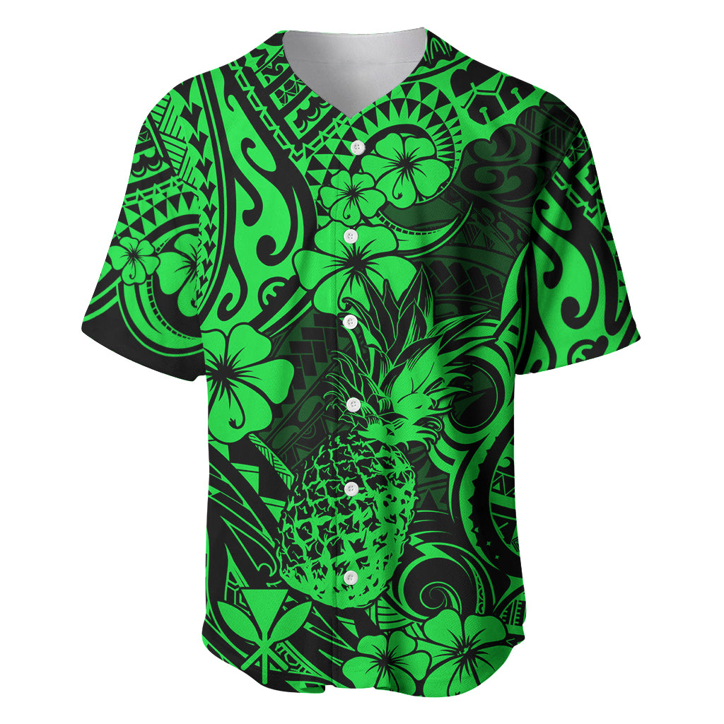 Hawaii Pineapple Baseball Jersey Paradise Flowers Pacific With Green Polynesian Tribal - Wonder Print Shop