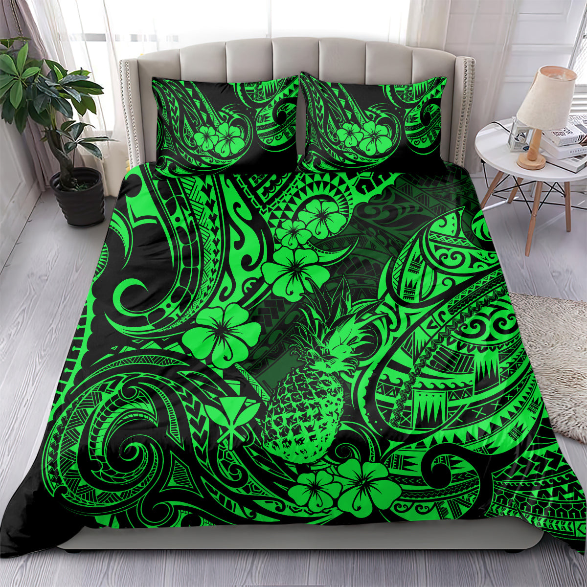 Hawaii Pineapple Bedding Set Paradise Flowers Pacific With Green Polynesian Tribal - Wonder Print Shop