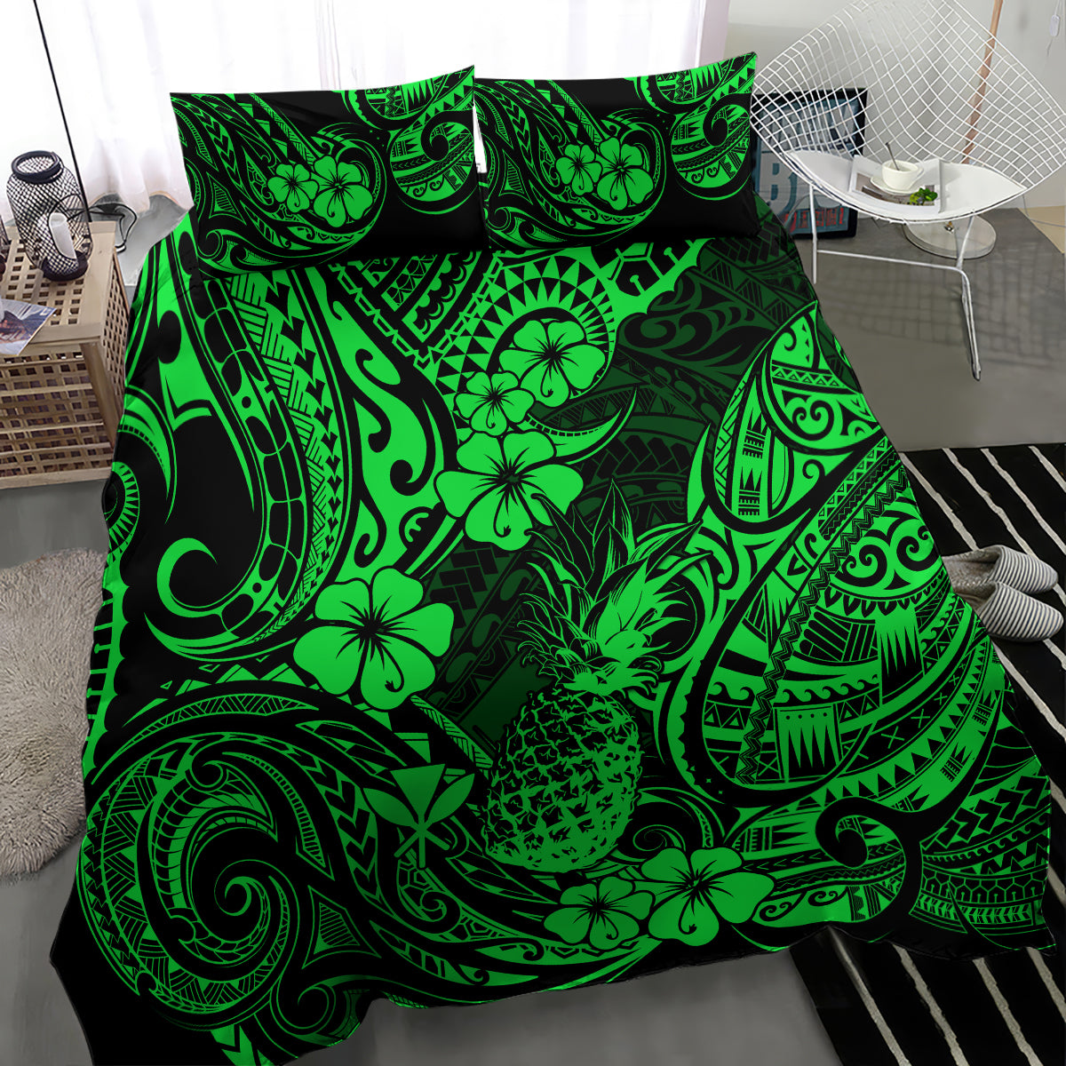 Hawaii Pineapple Bedding Set Paradise Flowers Pacific With Green Polynesian Tribal - Wonder Print Shop