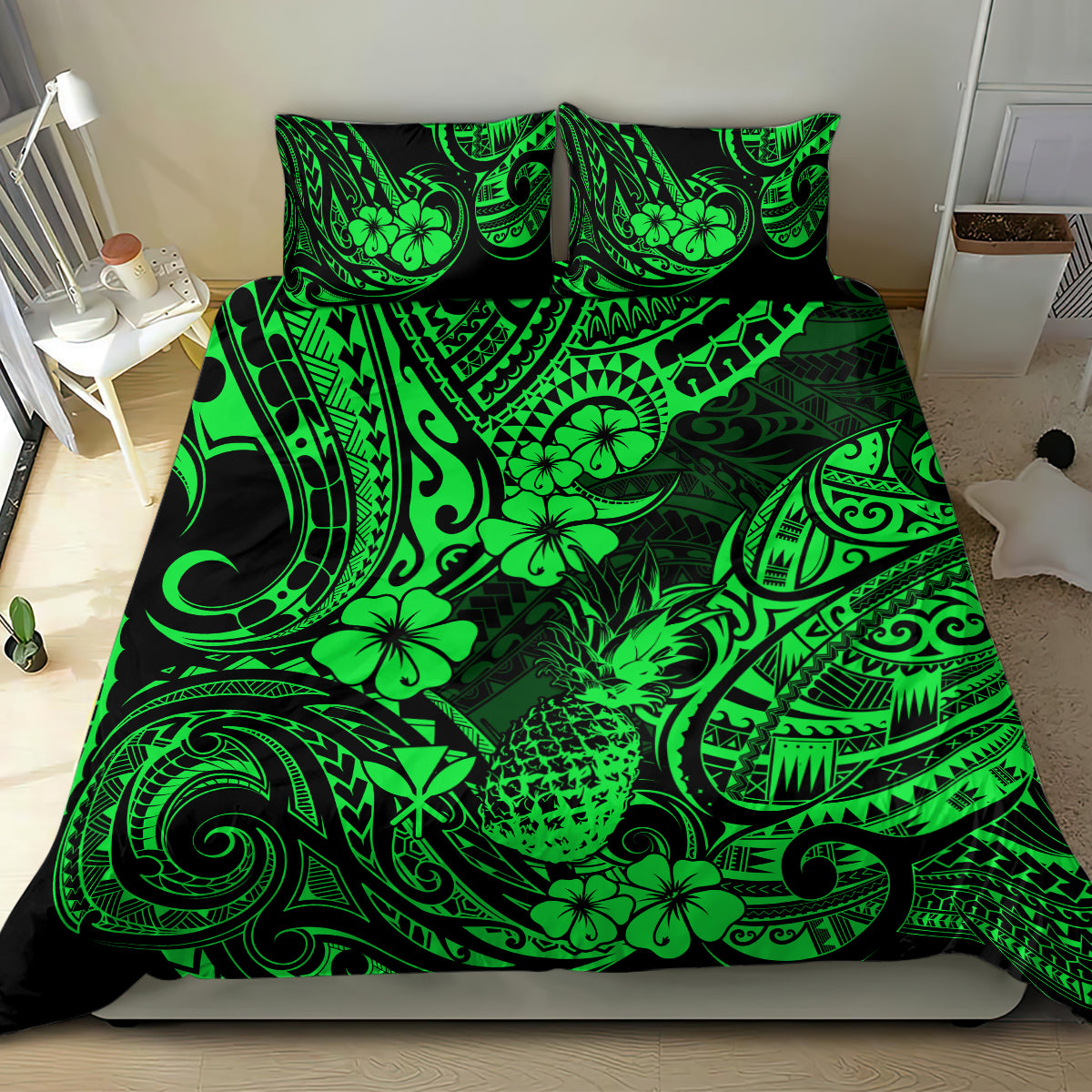 Hawaii Pineapple Bedding Set Paradise Flowers Pacific With Green Polynesian Tribal - Wonder Print Shop