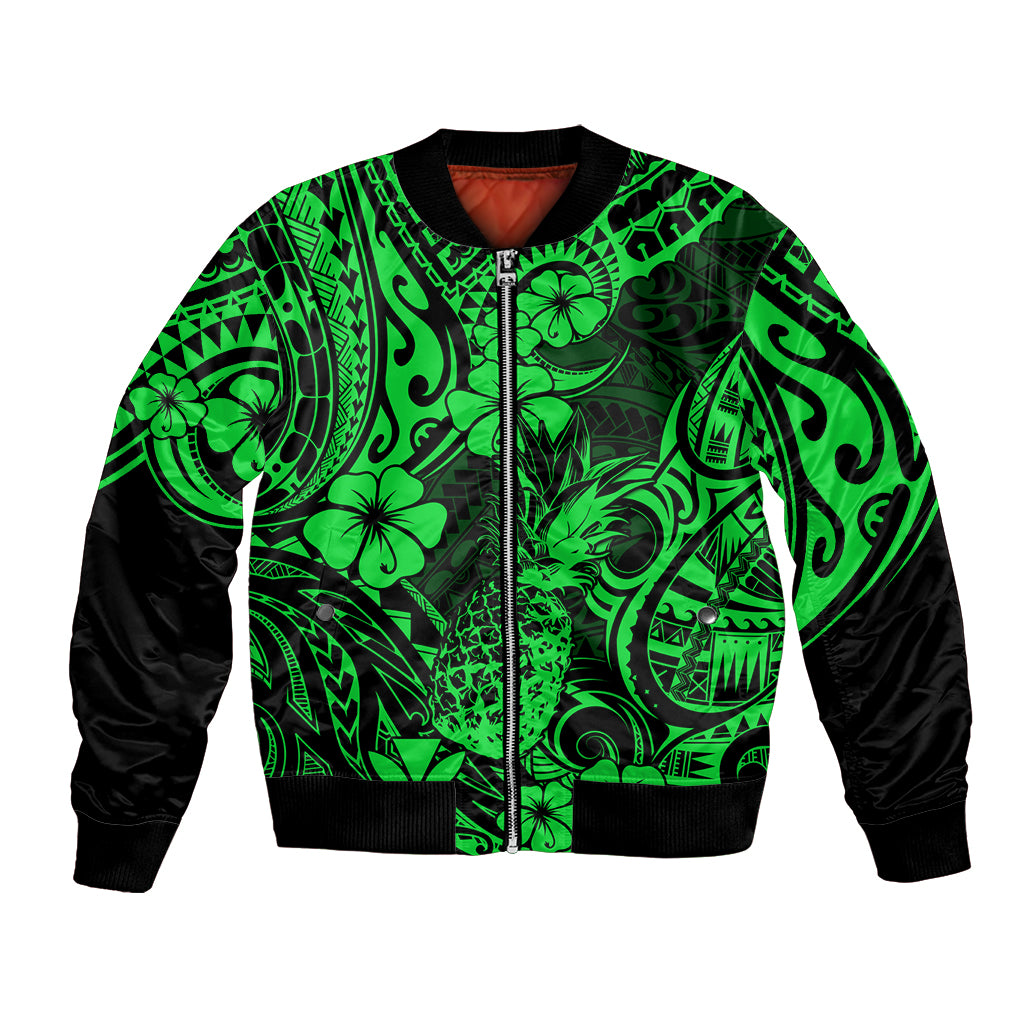 Hawaii Pineapple Bomber Jacket Paradise Flowers Pacific With Green Polynesian Tribal - Wonder Print Shop