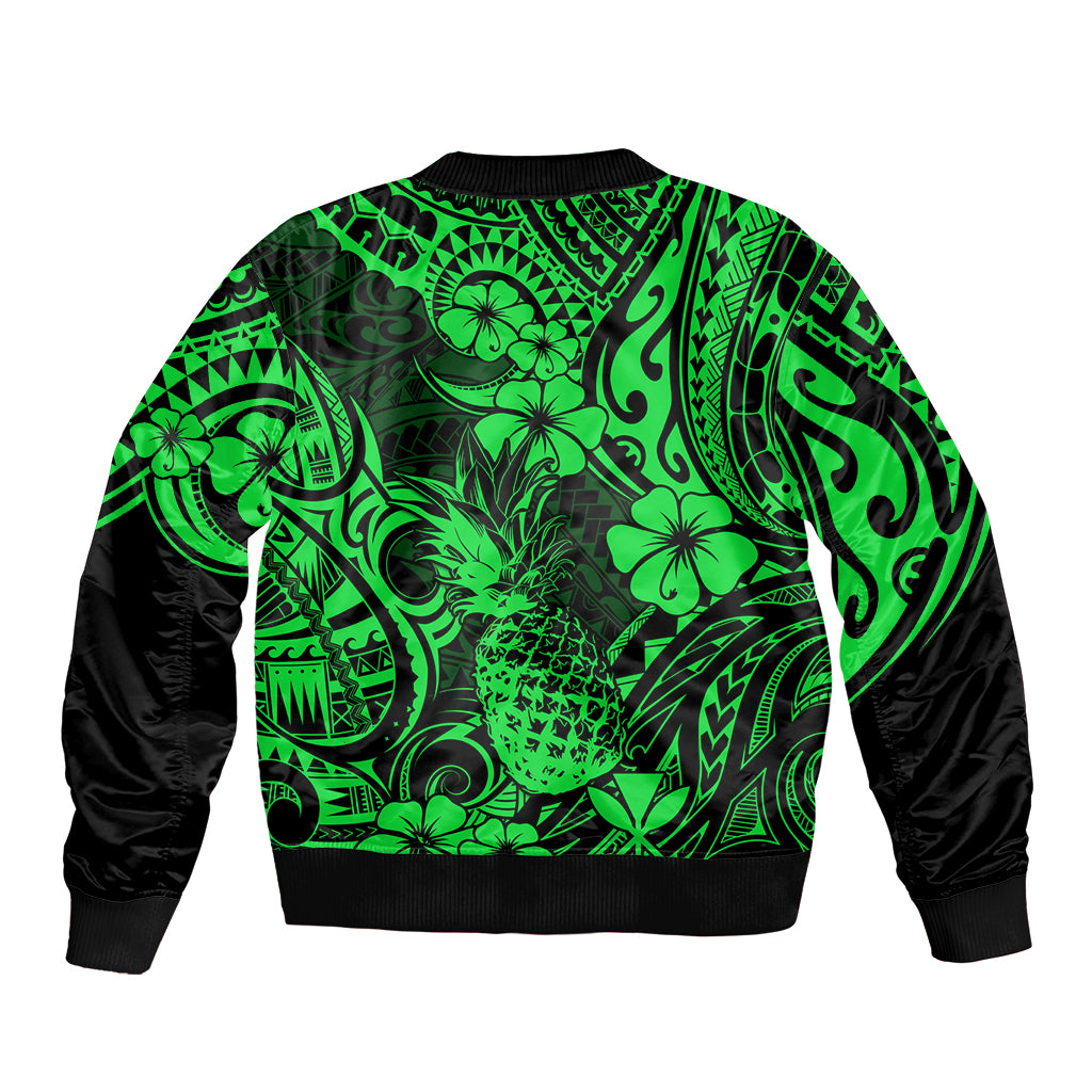 Hawaii Pineapple Bomber Jacket Paradise Flowers Pacific With Green Polynesian Tribal - Wonder Print Shop
