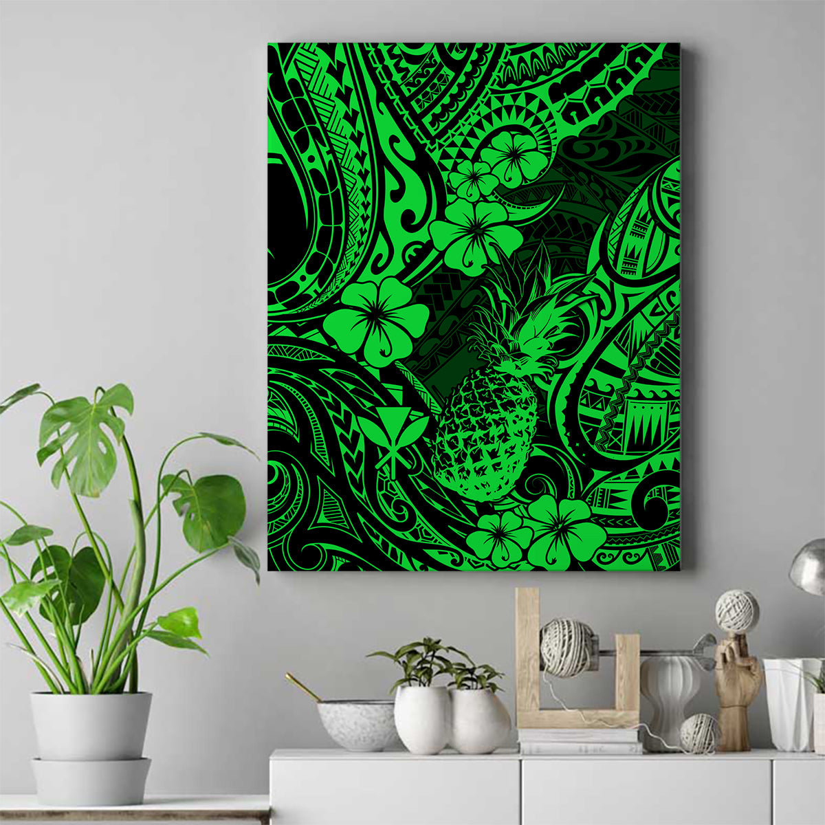 Hawaii Pineapple Canvas Wall Art Paradise Flowers Pacific With Green Polynesian Tribal - Wonder Print Shop