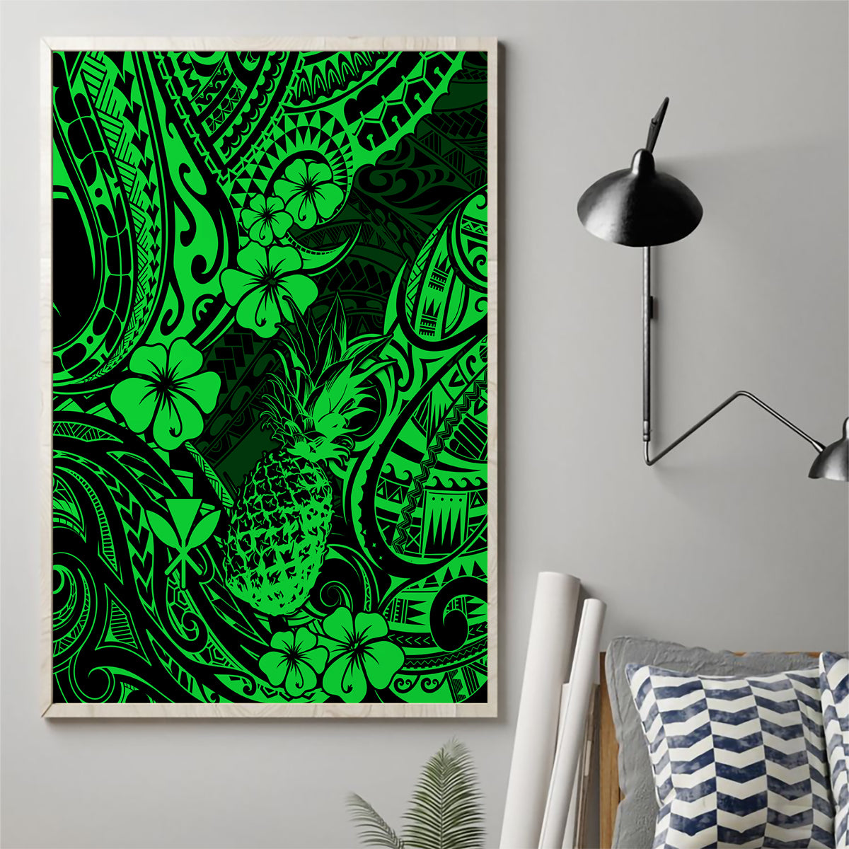 Hawaii Pineapple Canvas Wall Art Paradise Flowers Pacific With Green Polynesian Tribal - Wonder Print Shop