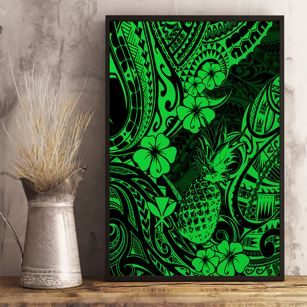 Hawaii Pineapple Canvas Wall Art Paradise Flowers Pacific With Green Polynesian Tribal - Wonder Print Shop