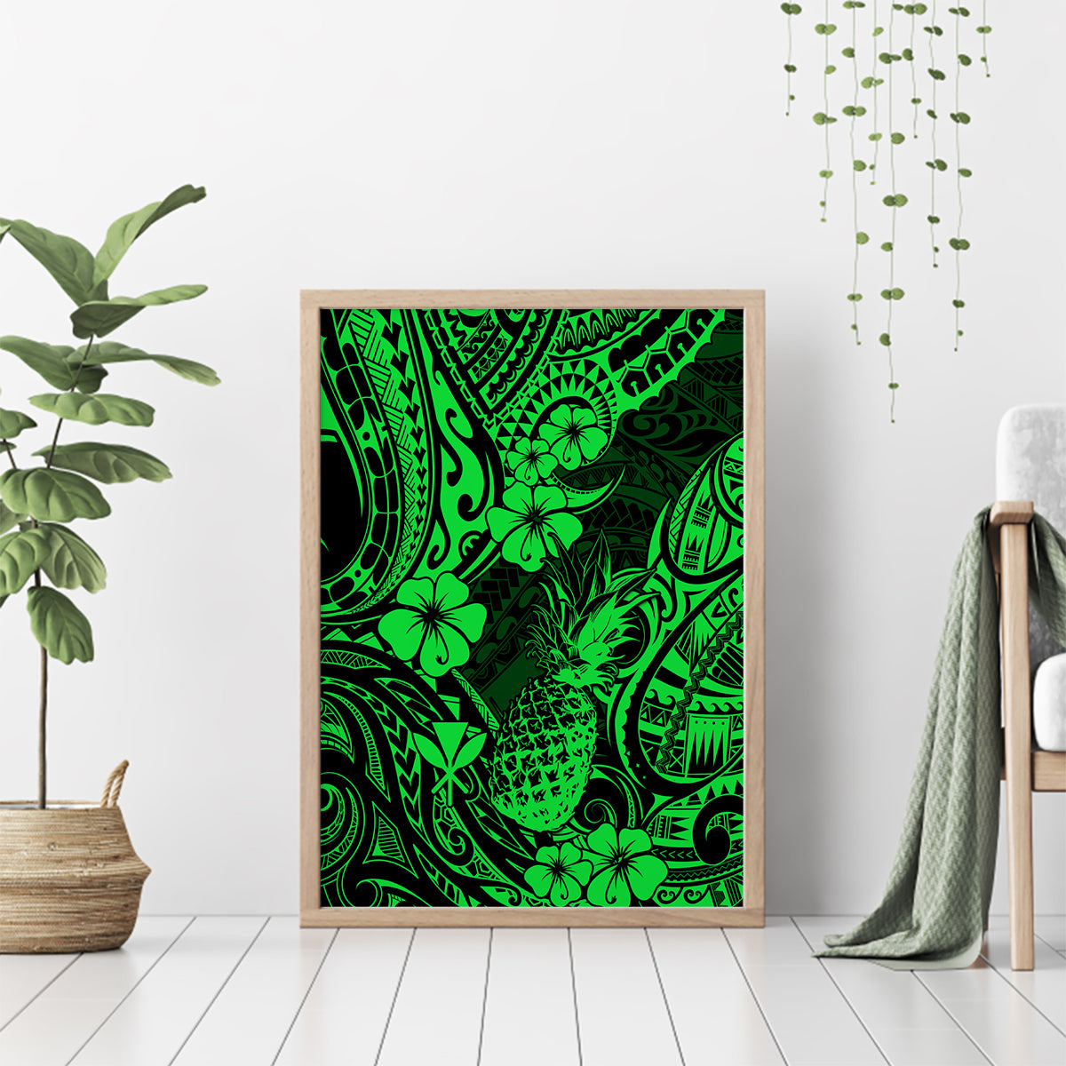 Hawaii Pineapple Canvas Wall Art Paradise Flowers Pacific With Green Polynesian Tribal - Wonder Print Shop