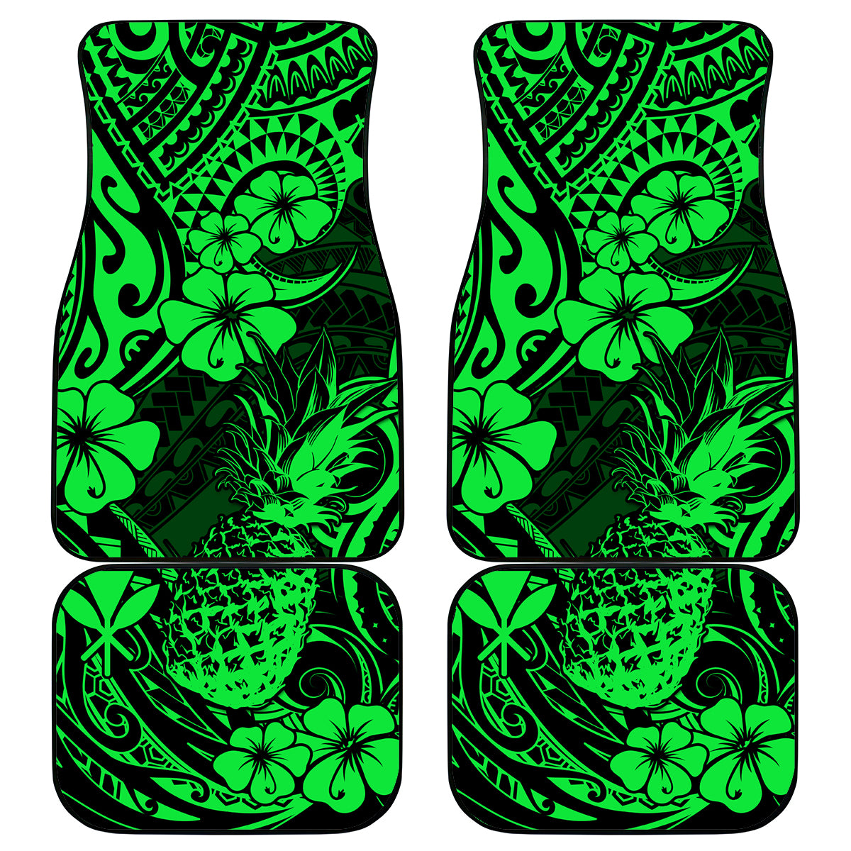 Hawaii Pineapple Car Mats Paradise Flowers Pacific With Green Polynesian Tribal - Wonder Print Shop