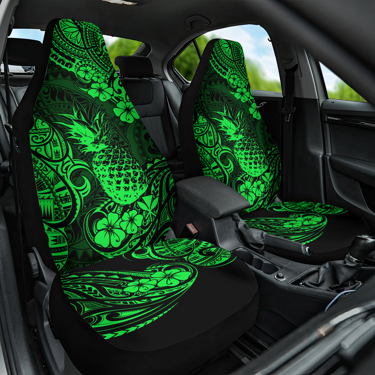 Hawaii Pineapple Car Seat Cover Paradise Flowers Pacific With Green Polynesian Tribal - Wonder Print Shop