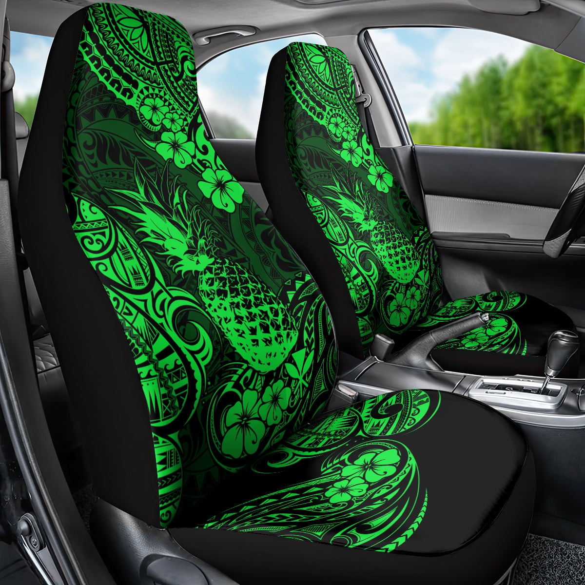 Hawaii Pineapple Car Seat Cover Paradise Flowers Pacific With Green Polynesian Tribal - Wonder Print Shop