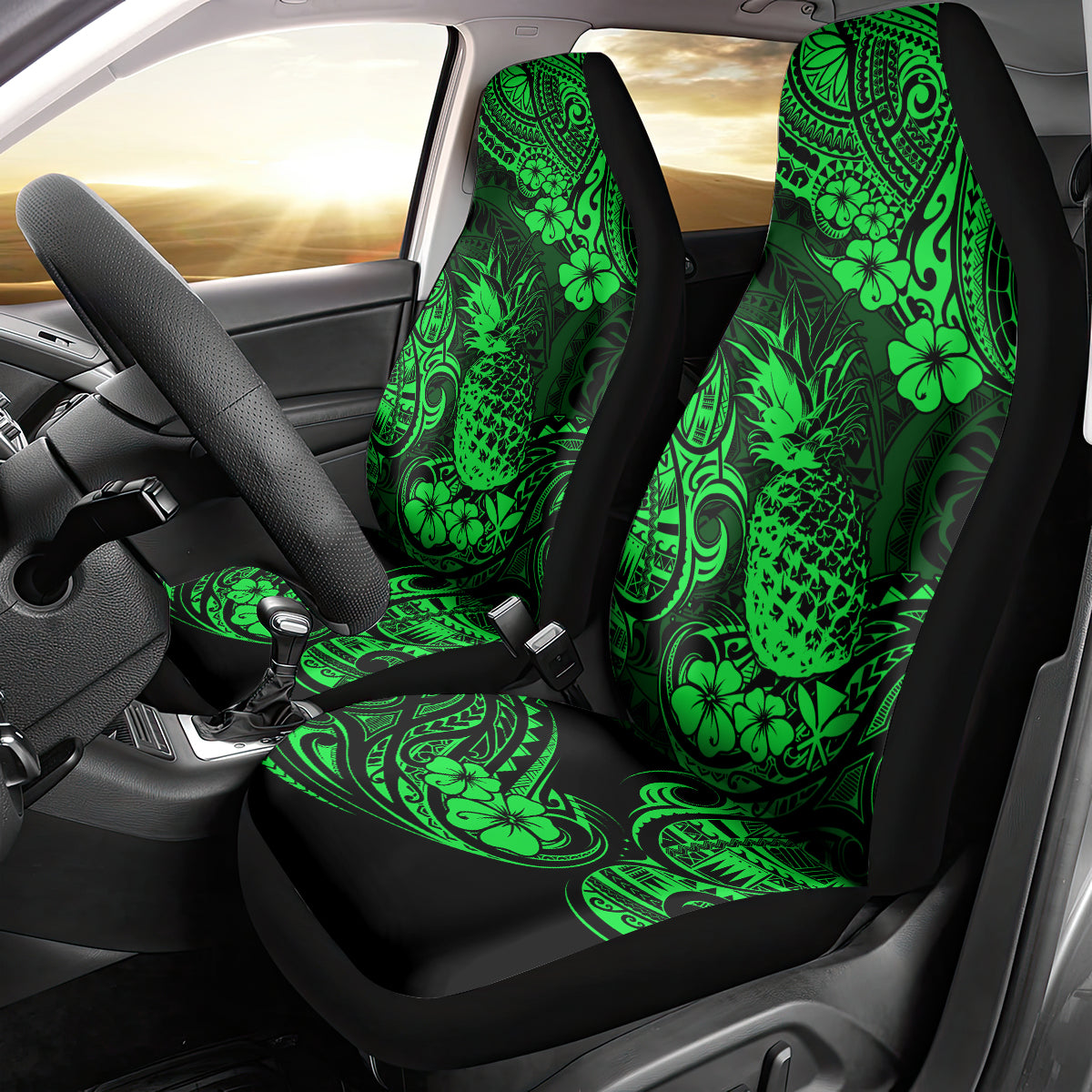 Hawaii Pineapple Car Seat Cover Paradise Flowers Pacific With Green Polynesian Tribal - Wonder Print Shop