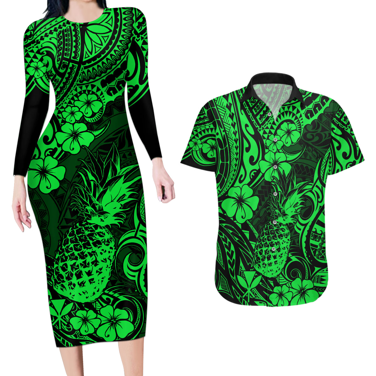 Hawaii Pineapple Couples Matching Long Sleeve Bodycon Dress and Hawaiian Shirt Paradise Flowers Pacific With Green Polynesian Tribal - Wonder Print Shop